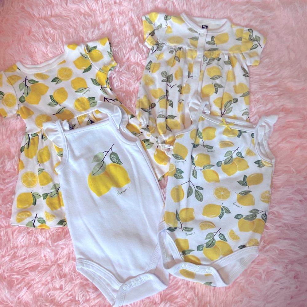 HB Lemon Dress, Romper, Sleeveless Onesie x2. Size: 0-3 month. Color: Whi/Ye/Gre